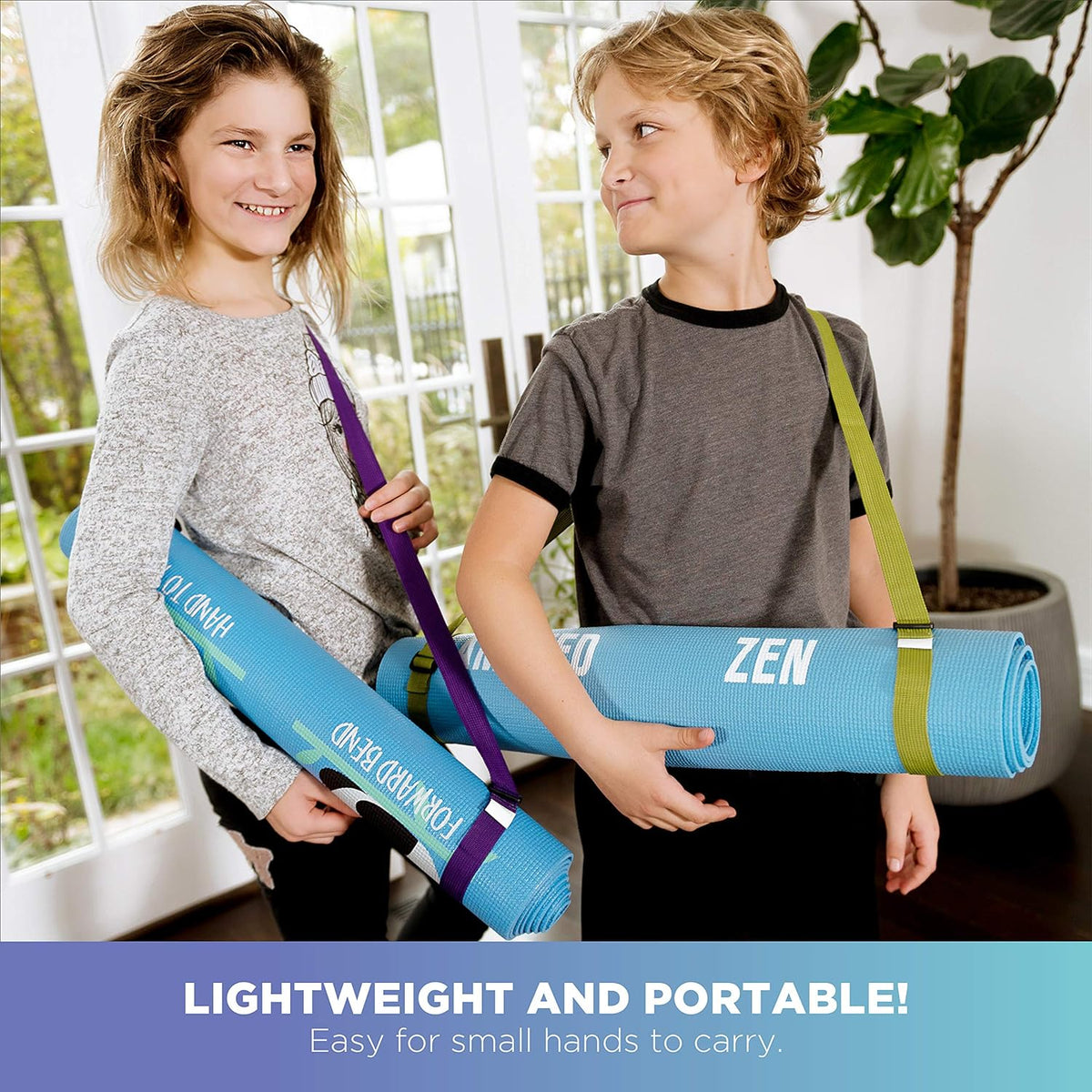 Children holding portable rolled yoga mats with fun designs, lightweight kids fitness mats