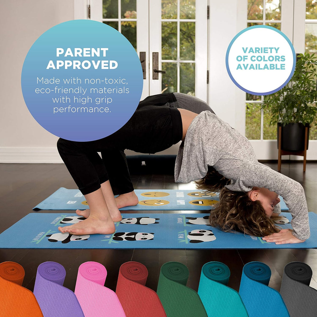 Close-up of kids yoga mat grip and anti-slip texture during exercise, durable eco-friendly material
