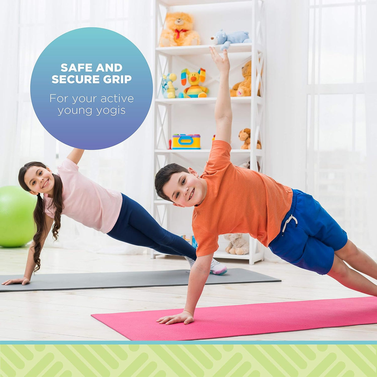 Child using colorful yoga mat for stretching, safe non-slip kids fitness mat with playful design