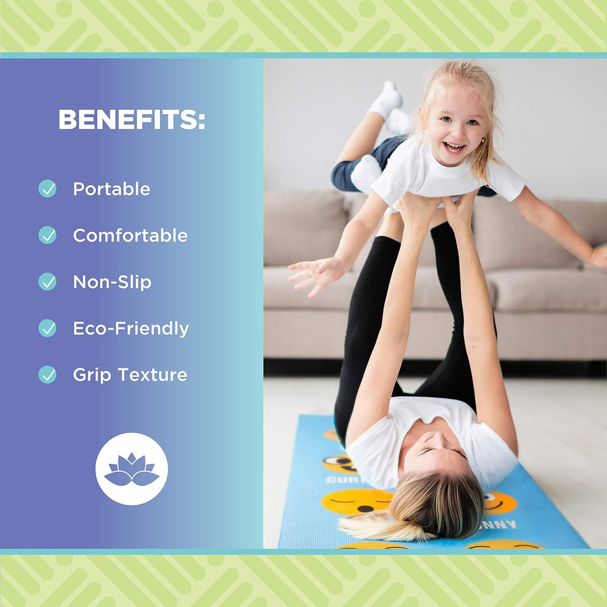 Kids yoga mat benefits infographic showing stability, comfort, and non-slip features