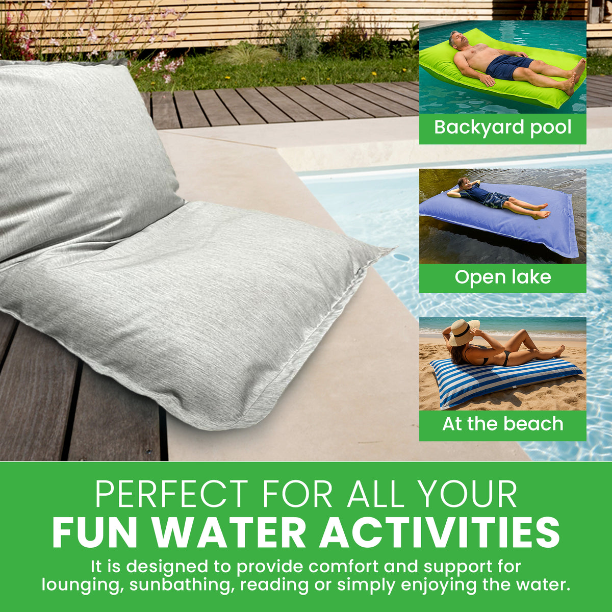 Outdoor lounge chair bean bag style bead filled with cushions on a deck, shown in various settings like pool, lake, and beach.