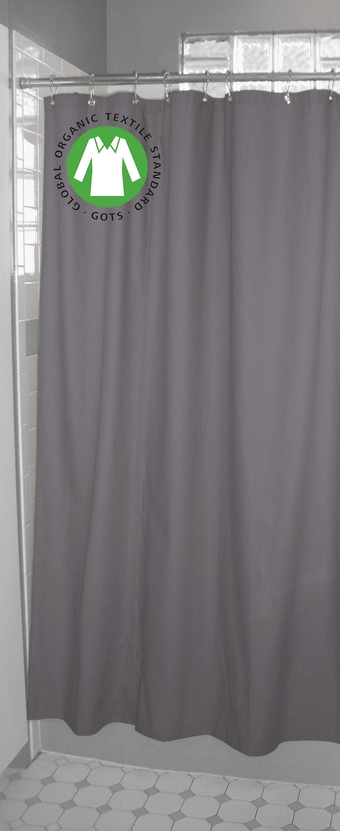 Charcoal organic cotton shower curtain in modern bathroom