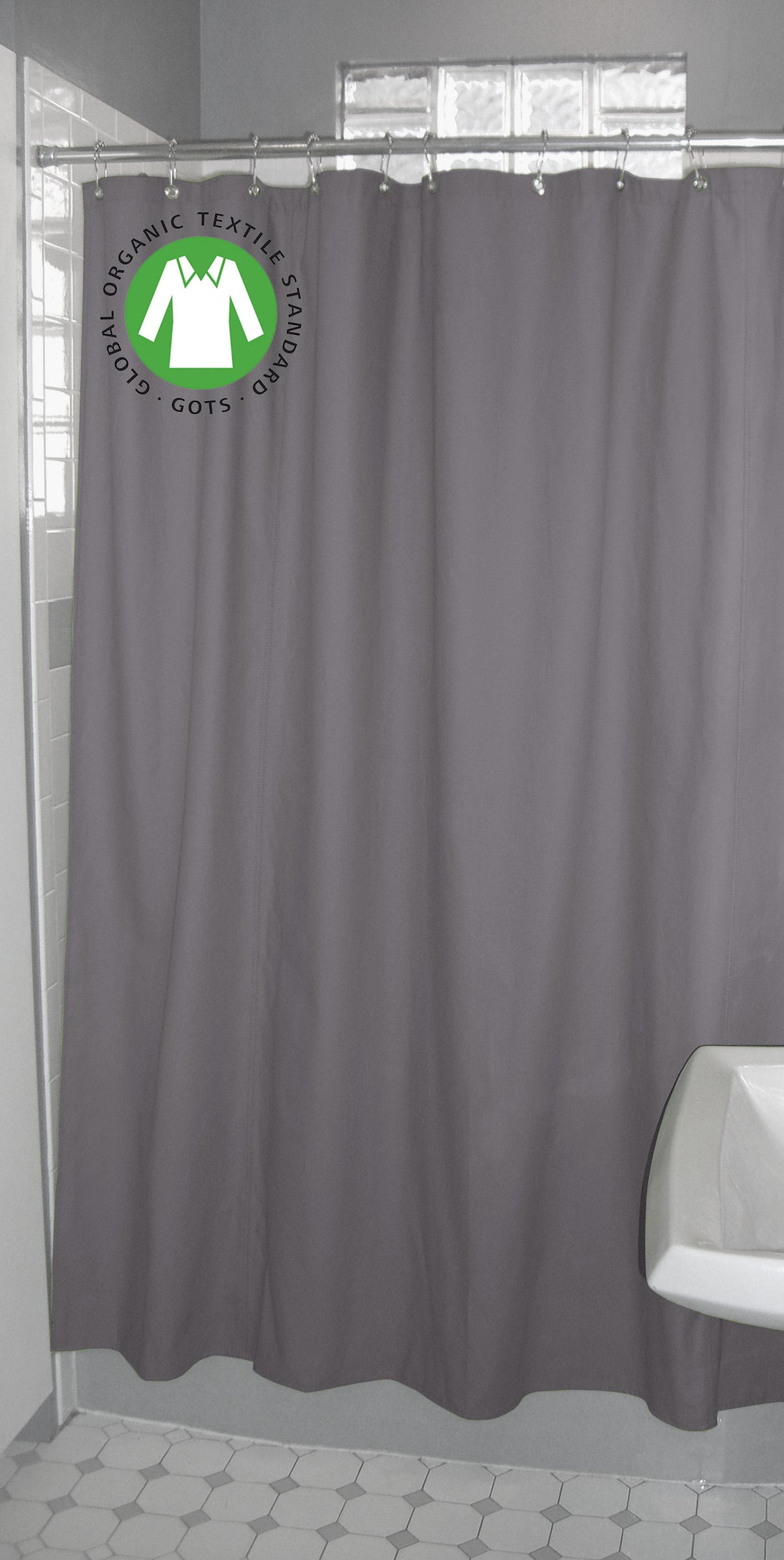 Dark gray organic cotton shower curtain for tub or stall