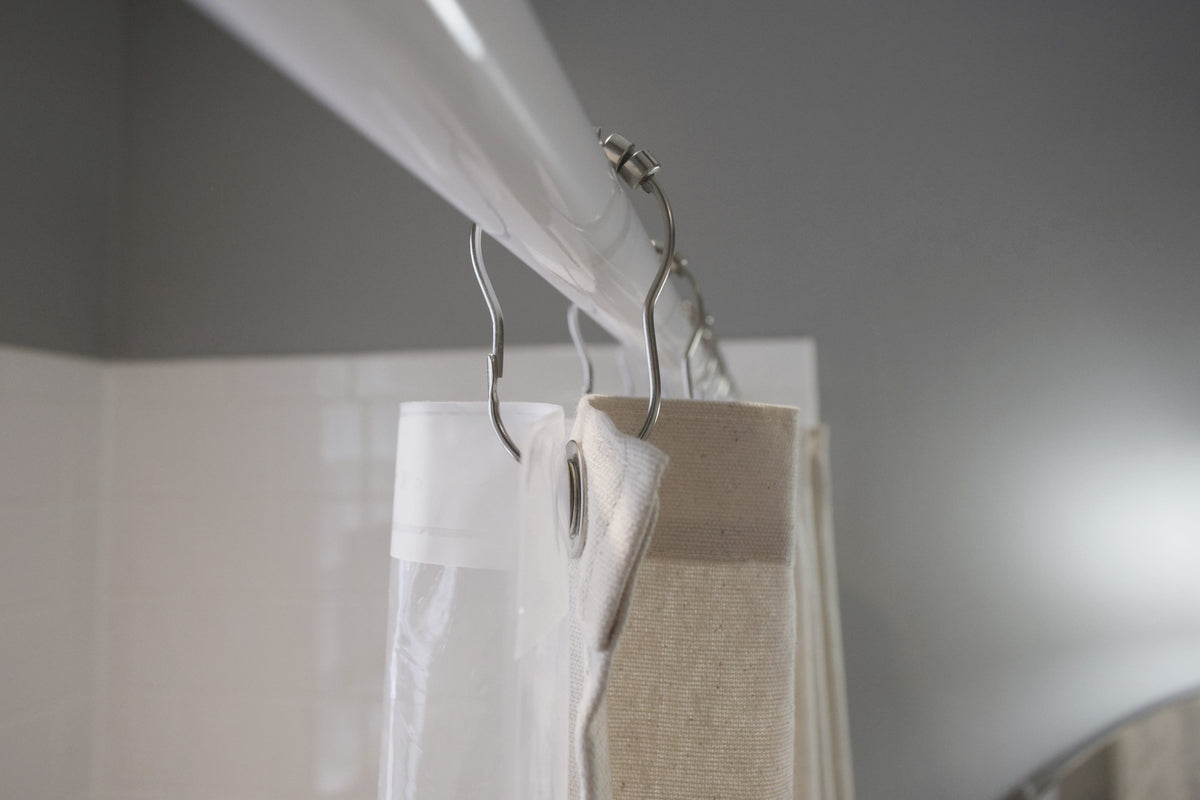 Buttonhole header detail on organic cotton shower curtain