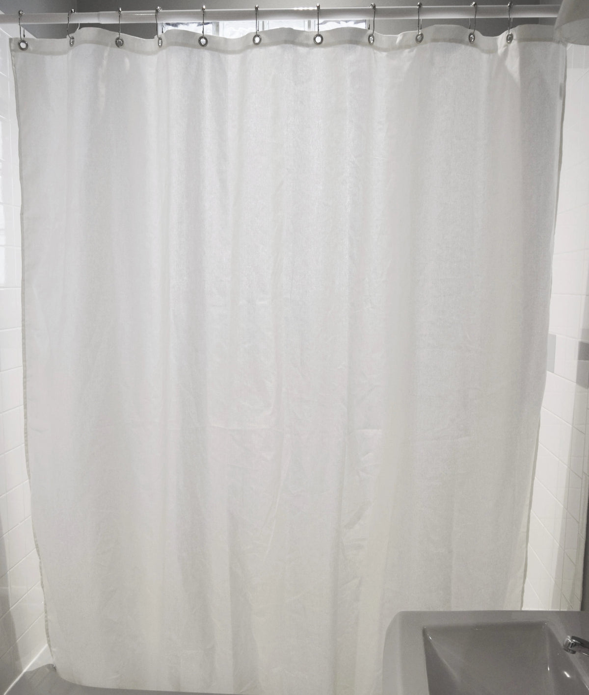 White cotton shower curtain for tub and shower combo, light filtering fabric