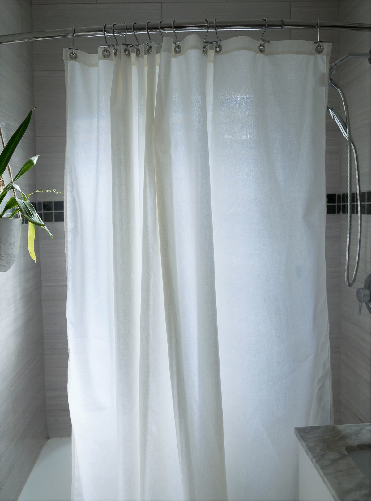White cotton shower curtain sheer cotton texture in natural light
