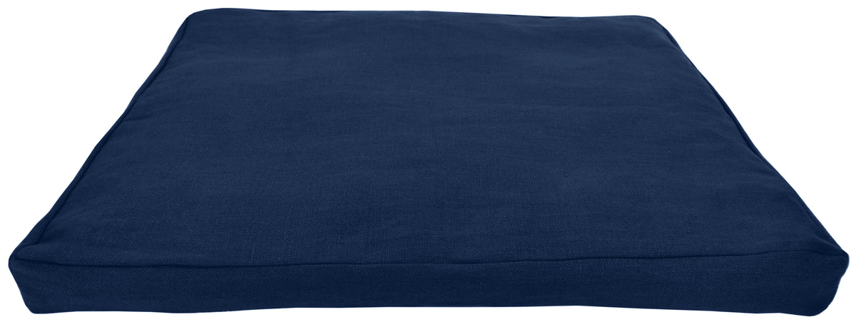 Zabuton meditation base cushion small travel size in navy blue hemp fabric with recycled cotton interior