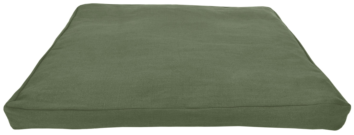 Zabuton meditation base cushion small travel size in olive green hemp fabric with recycled cotton interior