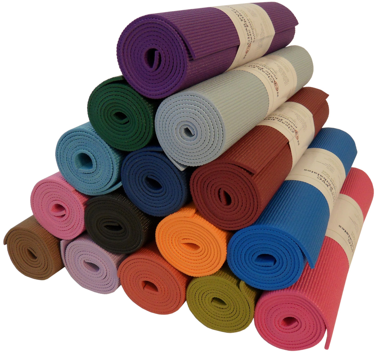 Stacked eco friendly yoga mats in assorted colors showing variety, 6mm thick non toxic phthalate free fitness mats