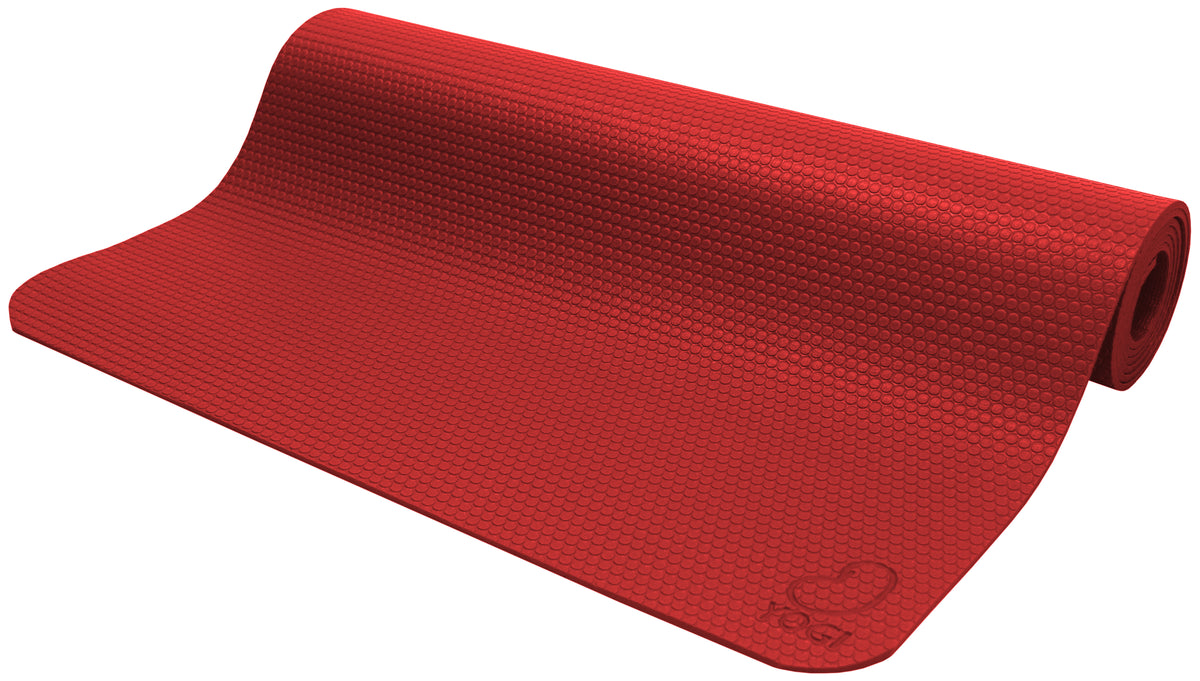 Red Pro Eco GURU Yogi yoga mat rolled, textured fitness surface