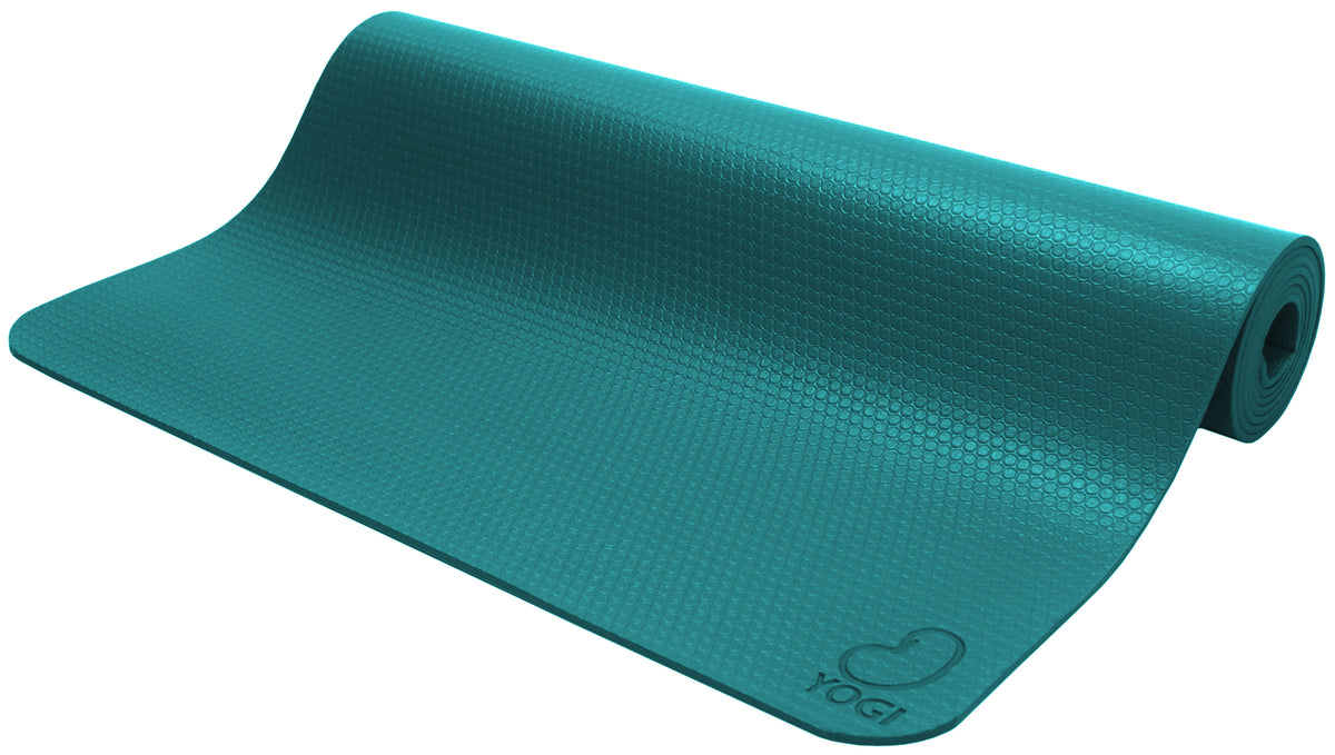 Teal Pro Eco GURU Yogi yoga fitness mat rolled out, textured non-slip surface