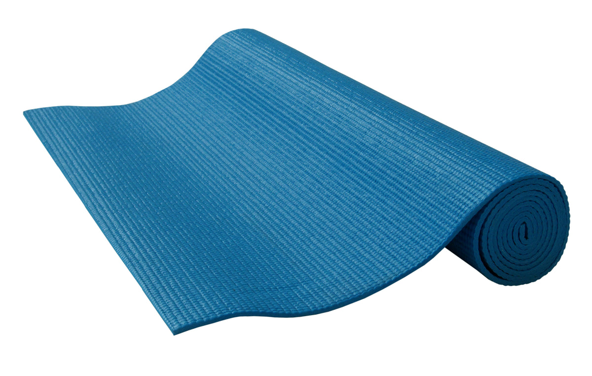 Rolled blue kids yoga mat showing flexible lightweight design for easy storage