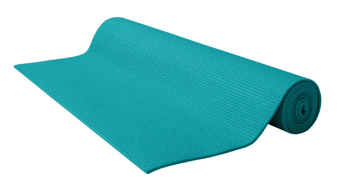 Teal kids yoga mat rolled, lightweight eco-friendly children’s exercise mat