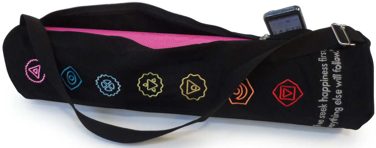 Black yoga mat bag with colorful chakra embroidery and adjustable shoulder strap