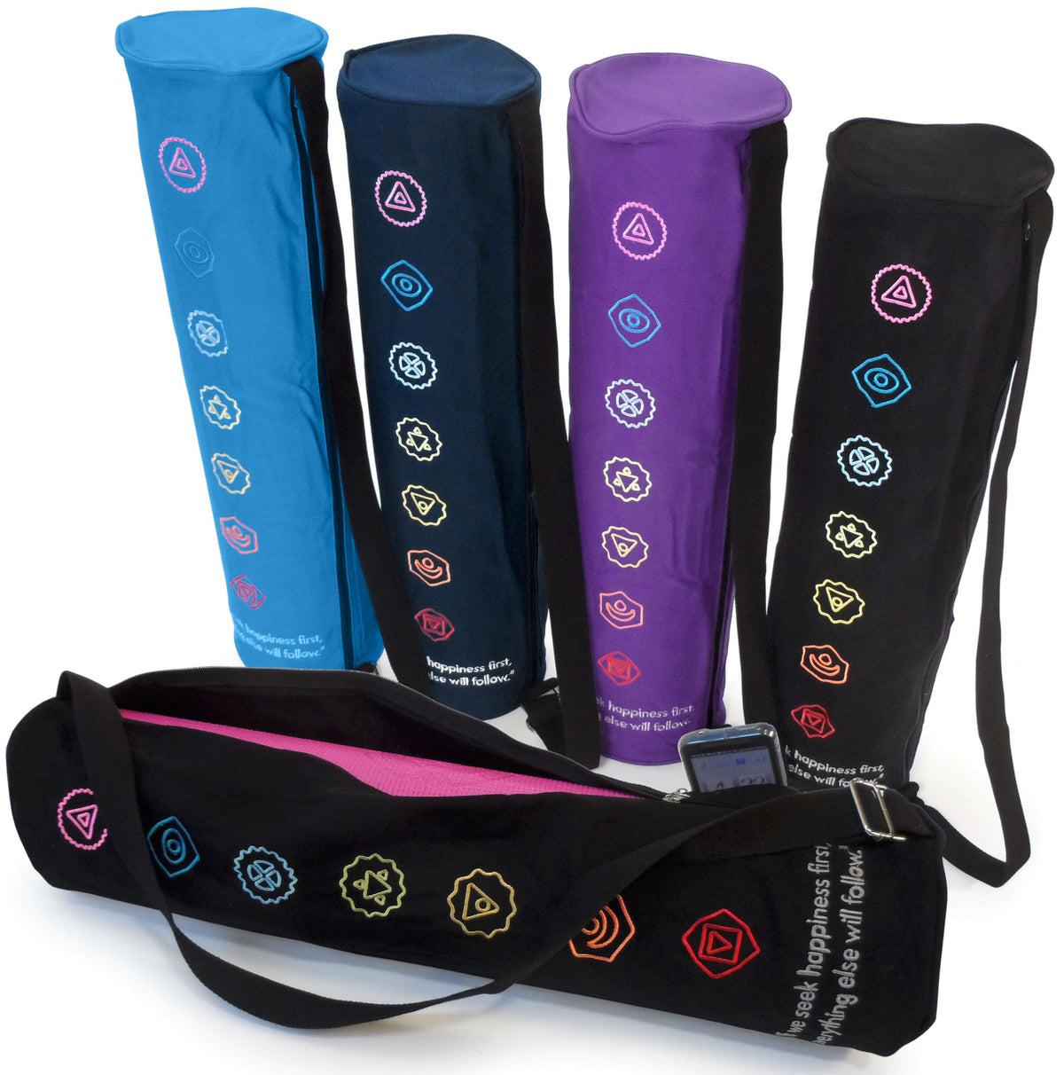 Set of yoga mat bags in assorted colors with chakra embroidery design