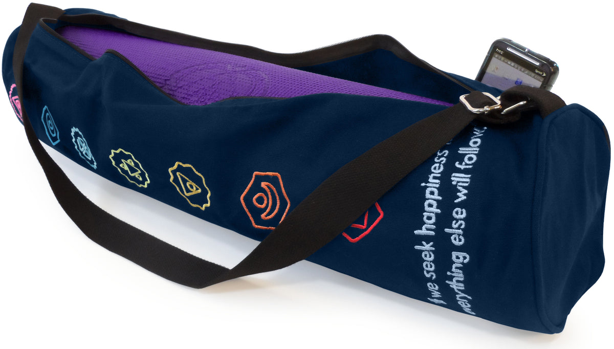 Blue and purple yoga mat bag with zipper and chakra design detail