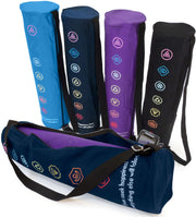 Organic cotton yoga mat bags in multiple colors with chakra embroidery and strap