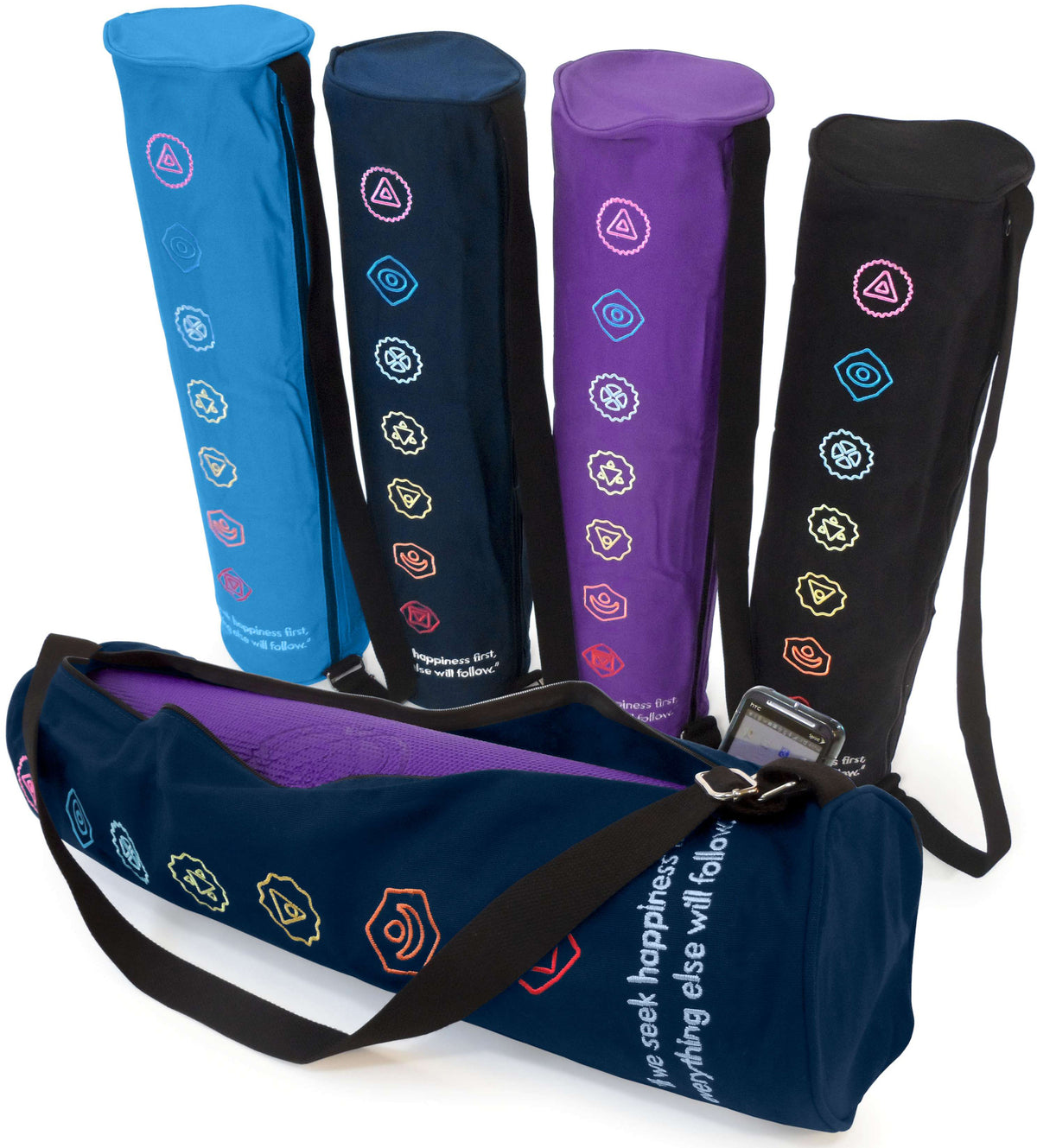 Organic cotton yoga mat bags in multiple colors with chakra embroidery and strap