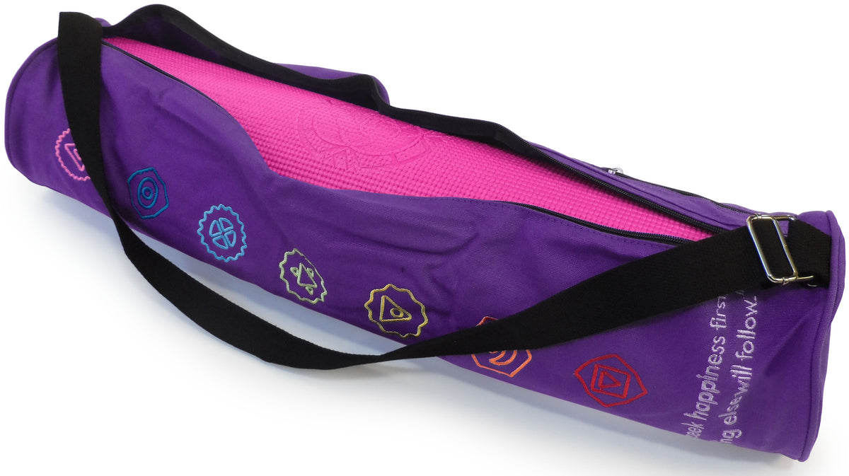 Purple yoga mat bag with pink interior and full zipper opening