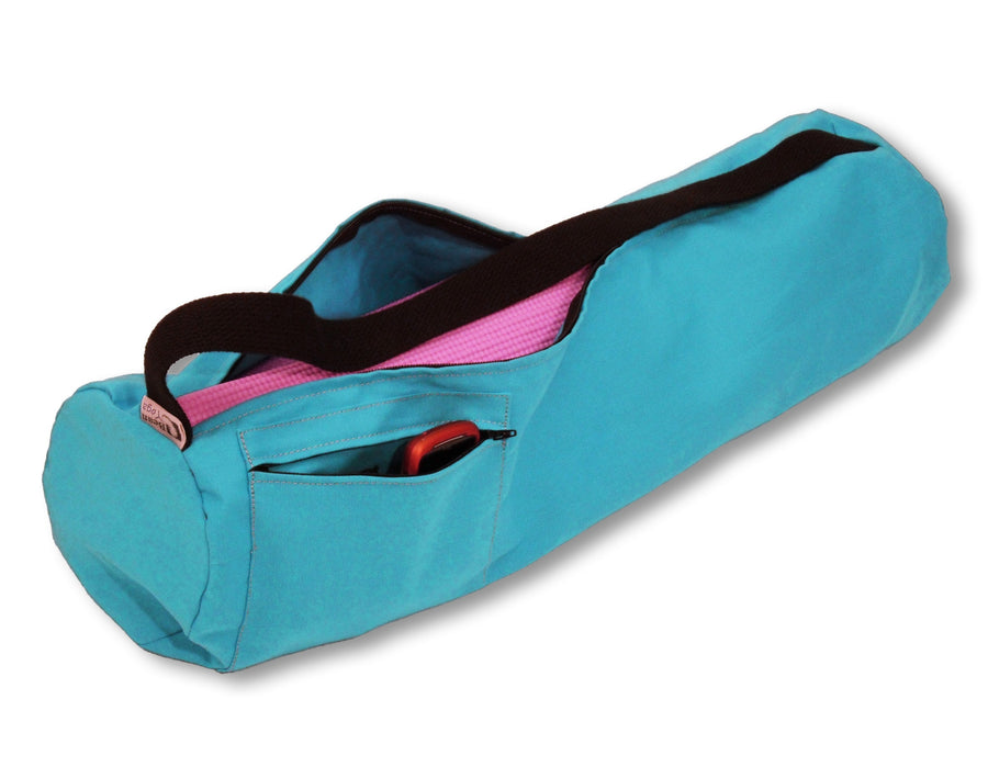 Extra large aqua durable cotton yoga mat bag with black strap and zipper pocket
