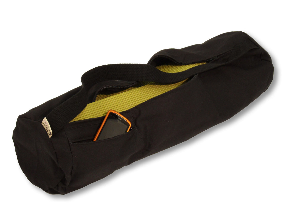 Black extra large cotton yoga mat bag with yellow interior lining and shoulder strap