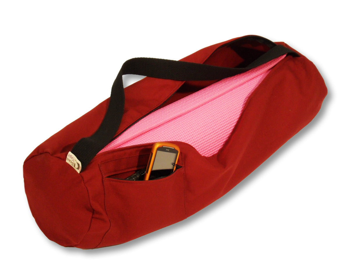 Red extra large cotton yoga mat bag with zipper closure and shoulder carry handle