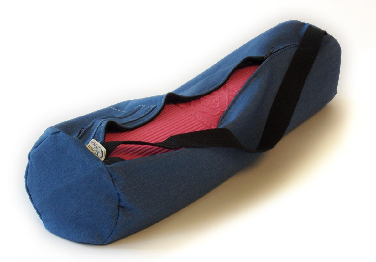 Denim blue durable cotton yoga mat bag with pink interior lining and carry strap