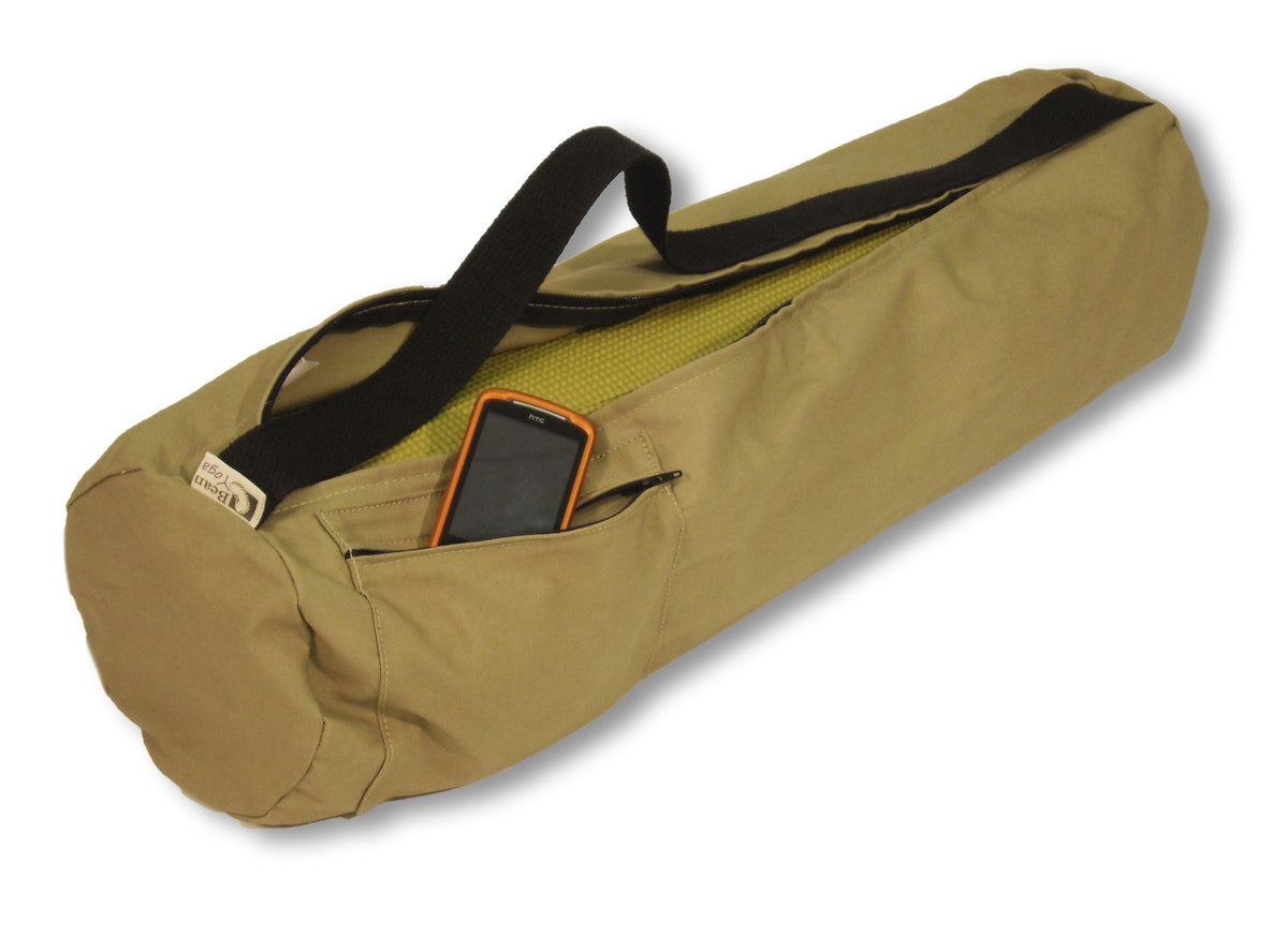 Khaki durable cotton yoga mat bag extra large size with black strap
