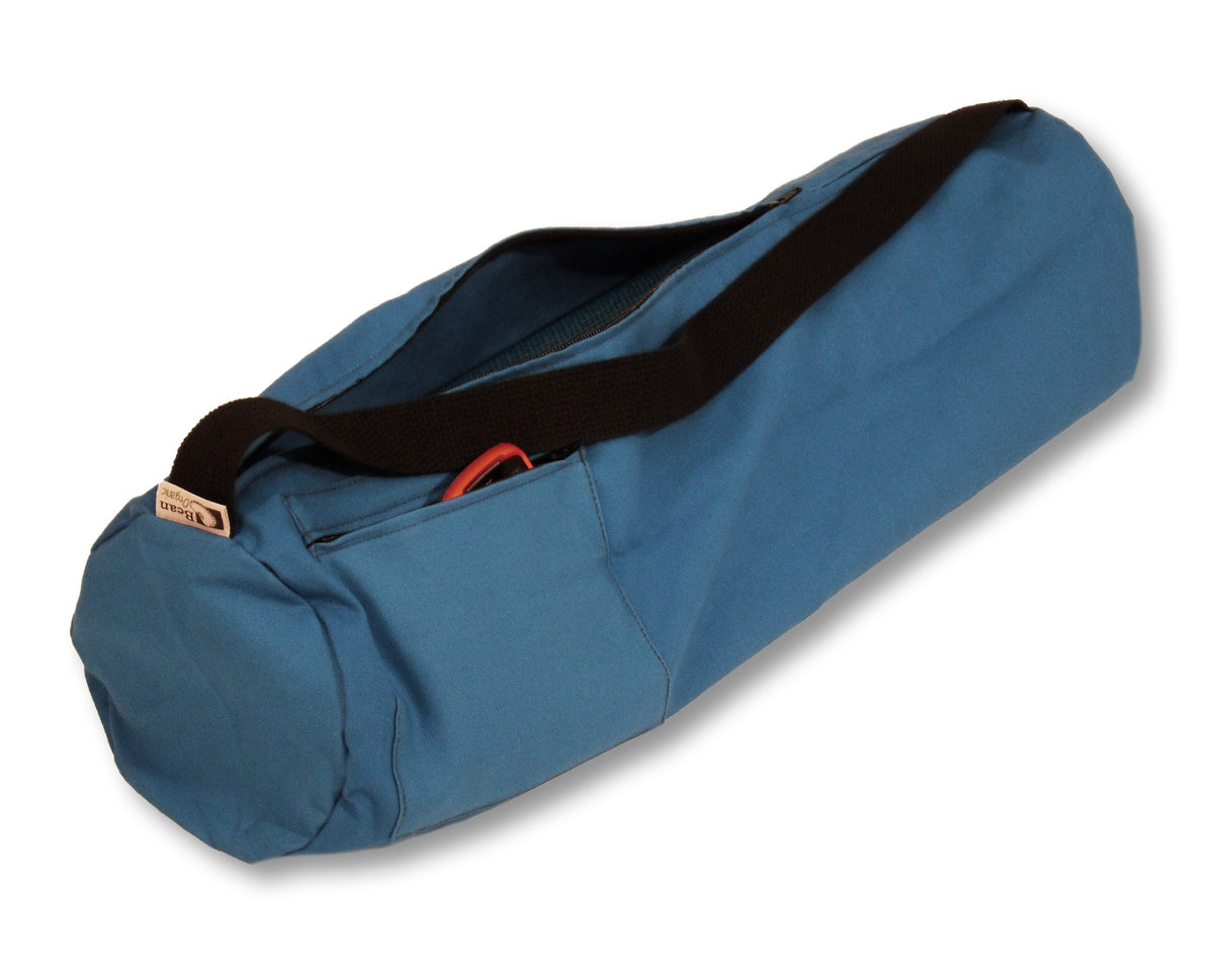 Steel blue durable cotton yoga mat bag with shoulder strap and zipper pocket