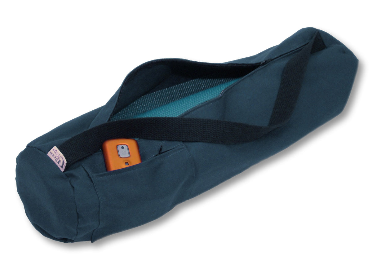 Teal durable cotton yoga mat bag with reinforced strap and inner pocket
