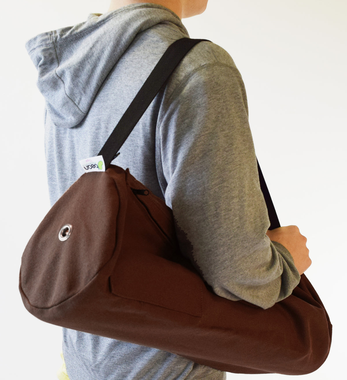 Brown extra large hemp yoga mat bag worn on shoulder for yoga mat storage