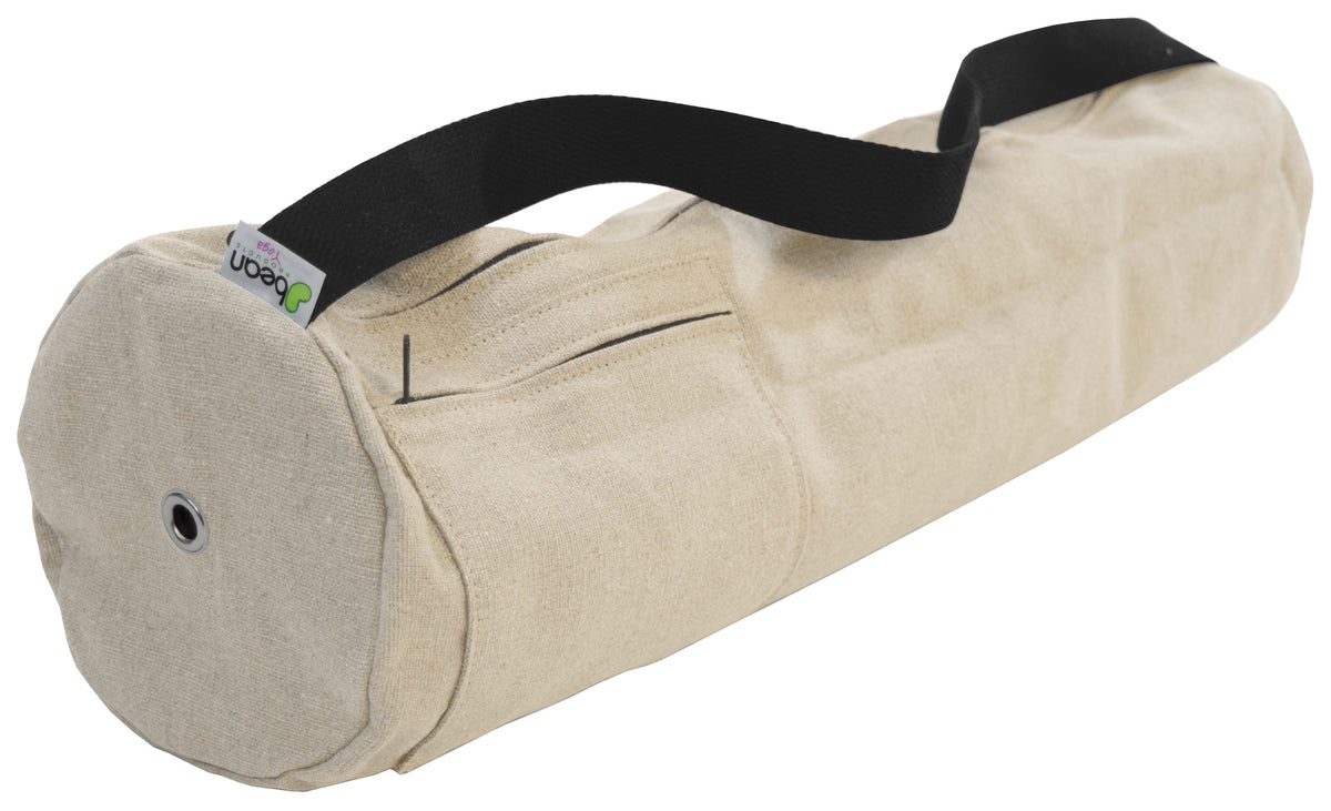 white handcrafted hemp yoga mat bag with shoulder strap and side pocket