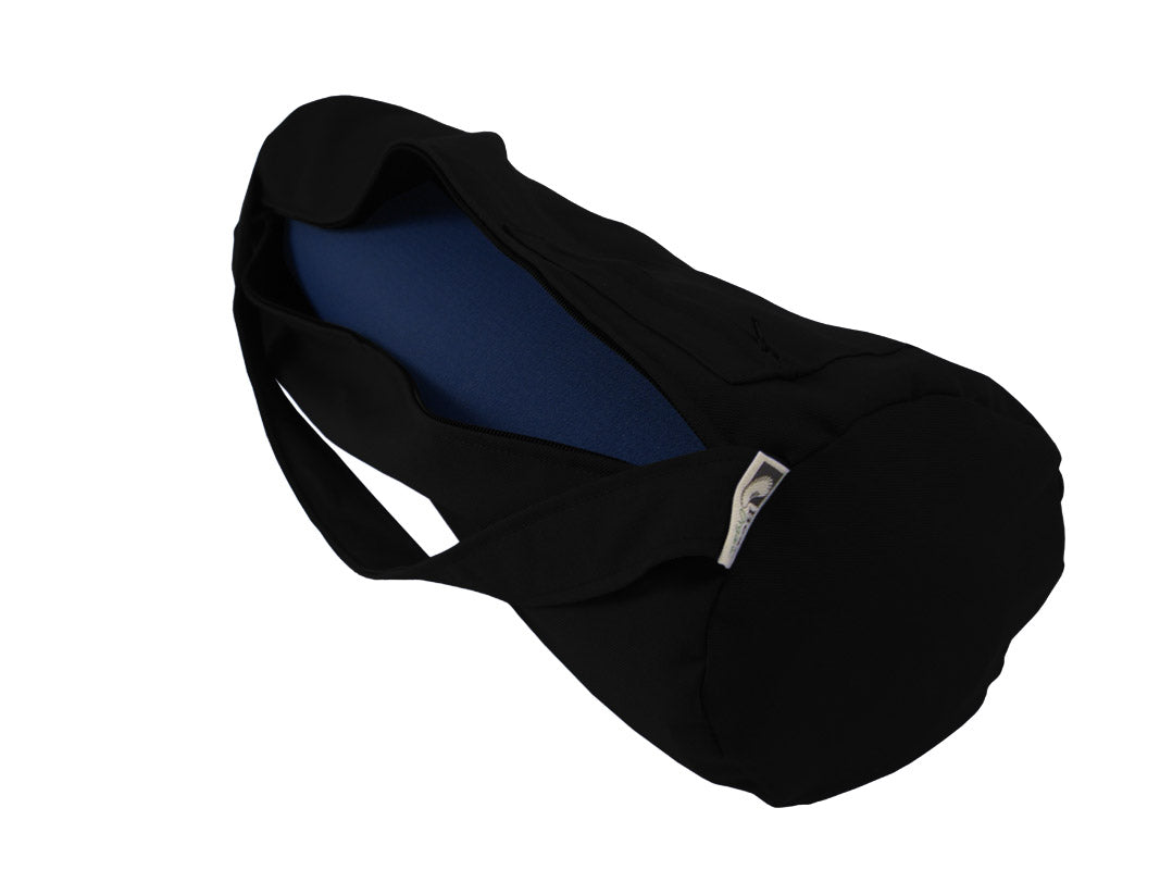 Black yoga mat bag with minimal design and shoulder strap