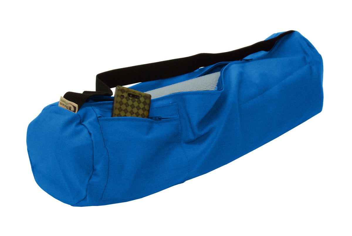 Blue yoga mat bag with zipper closure and compact cylindrical shape