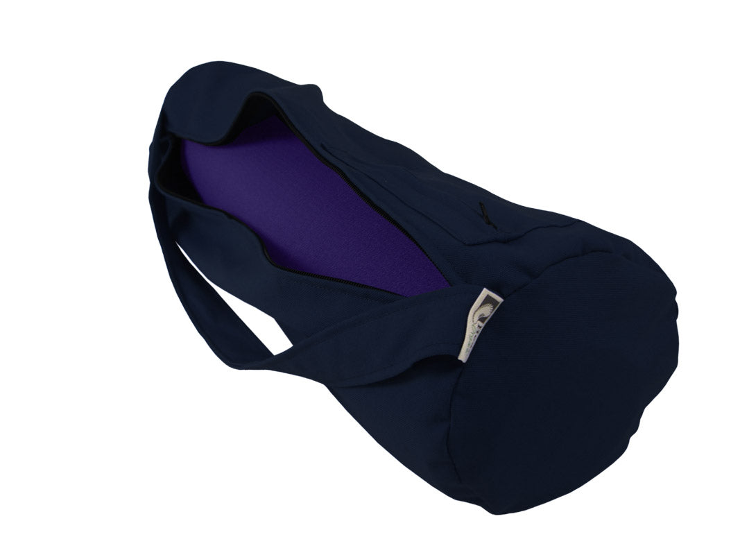 Dark navy yoga mat bag with zipper and shoulder strap