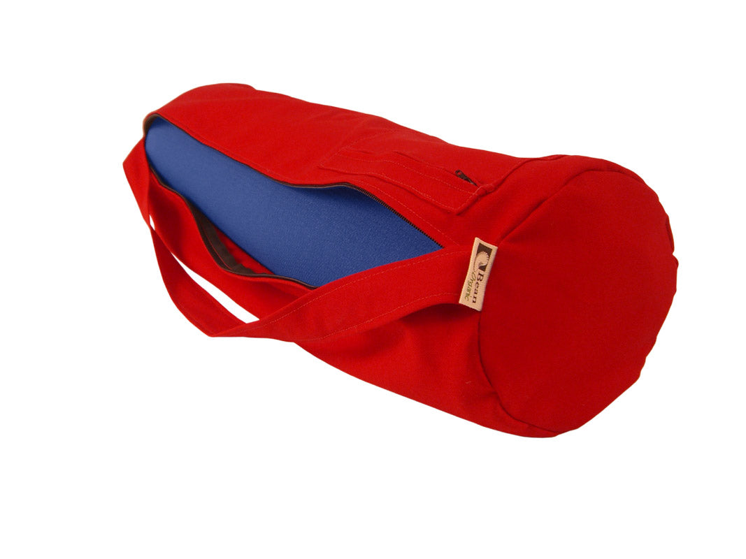 Red yoga mat bag with drawstring closure and carrying strap