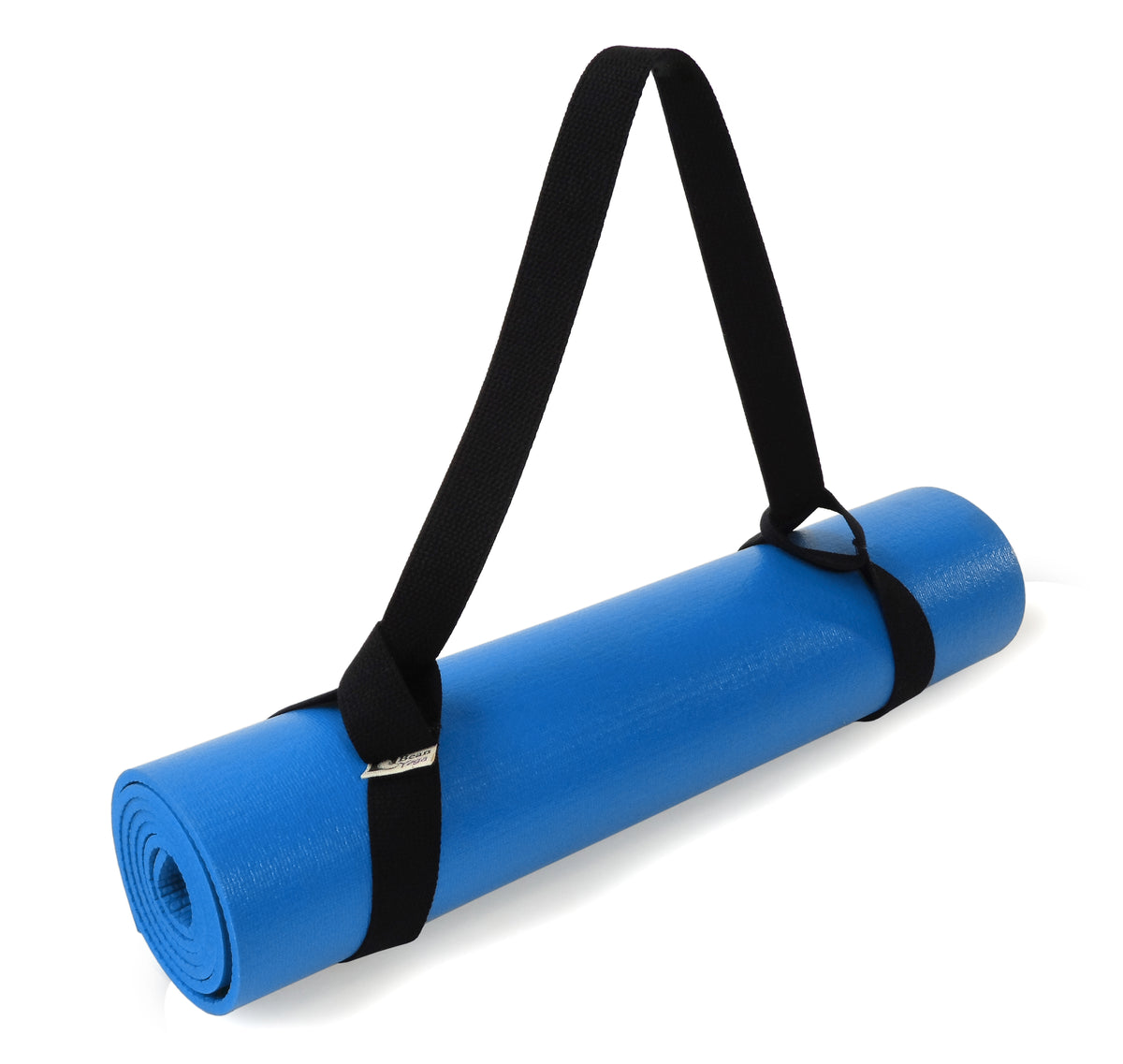 Black premium cotton yoga mat sling with adjustable shoulder strap holding rolled mat