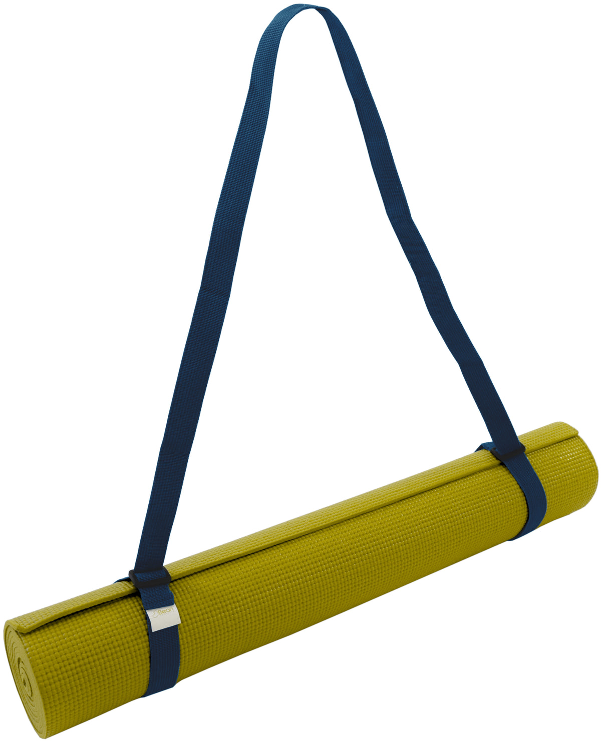 Olive green yoga mat sling with dark blue shoulder strap for comfortable carrying