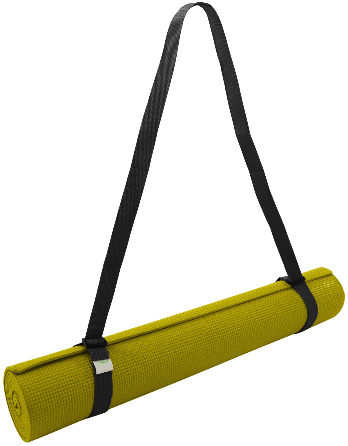 Olive green yoga mat sling with black shoulder strap for easy hands free transport