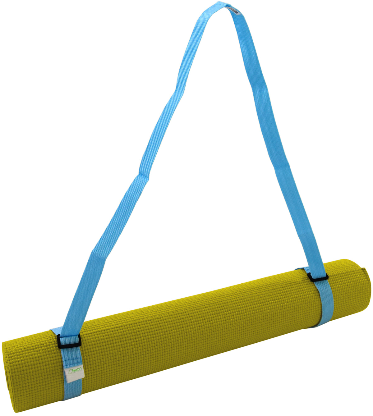 Olive green yoga mat sling with light blue strap for convenient shoulder transport