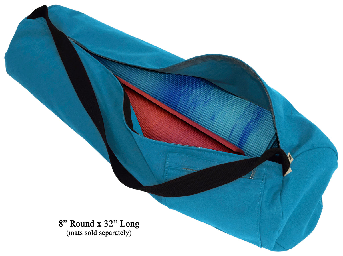 Aqua blue cotton yoga mat bag with wide opening and visible inner lining