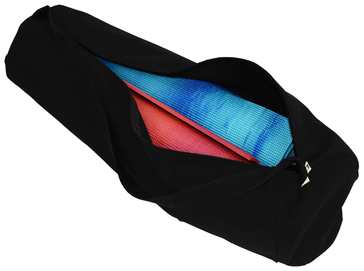 Black extra large yoga mat bag with colorful interior lining