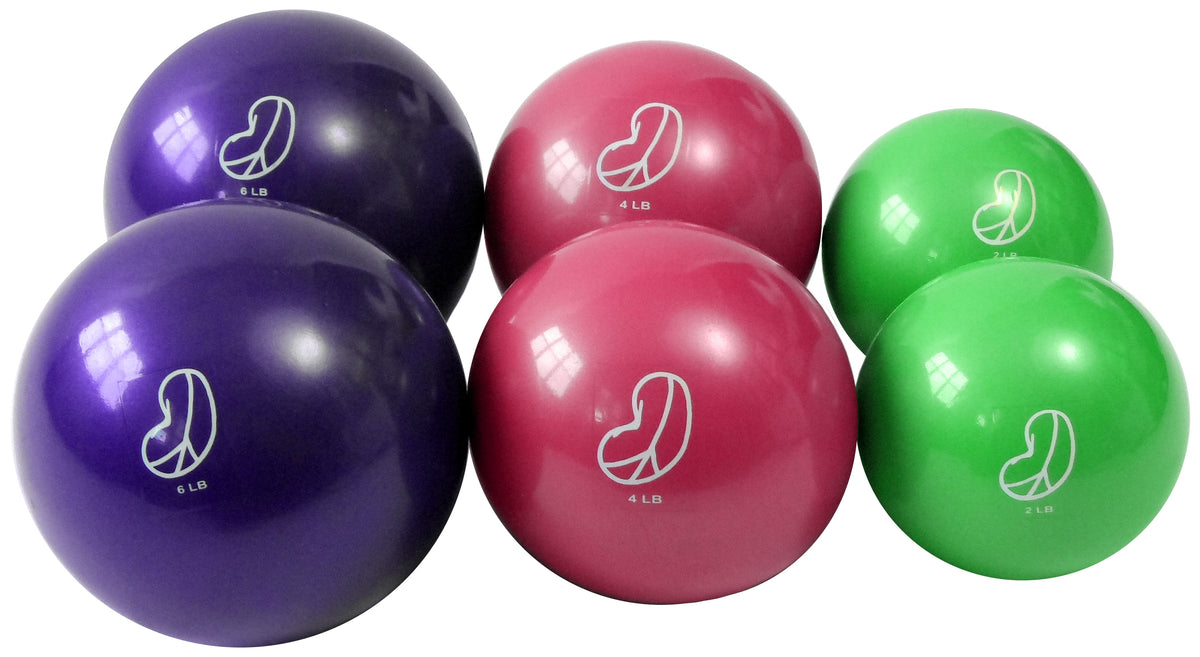 sets of 2 soft weighted balls in 6 lb 4 lb 2 lb weights with bean products peace bean logo