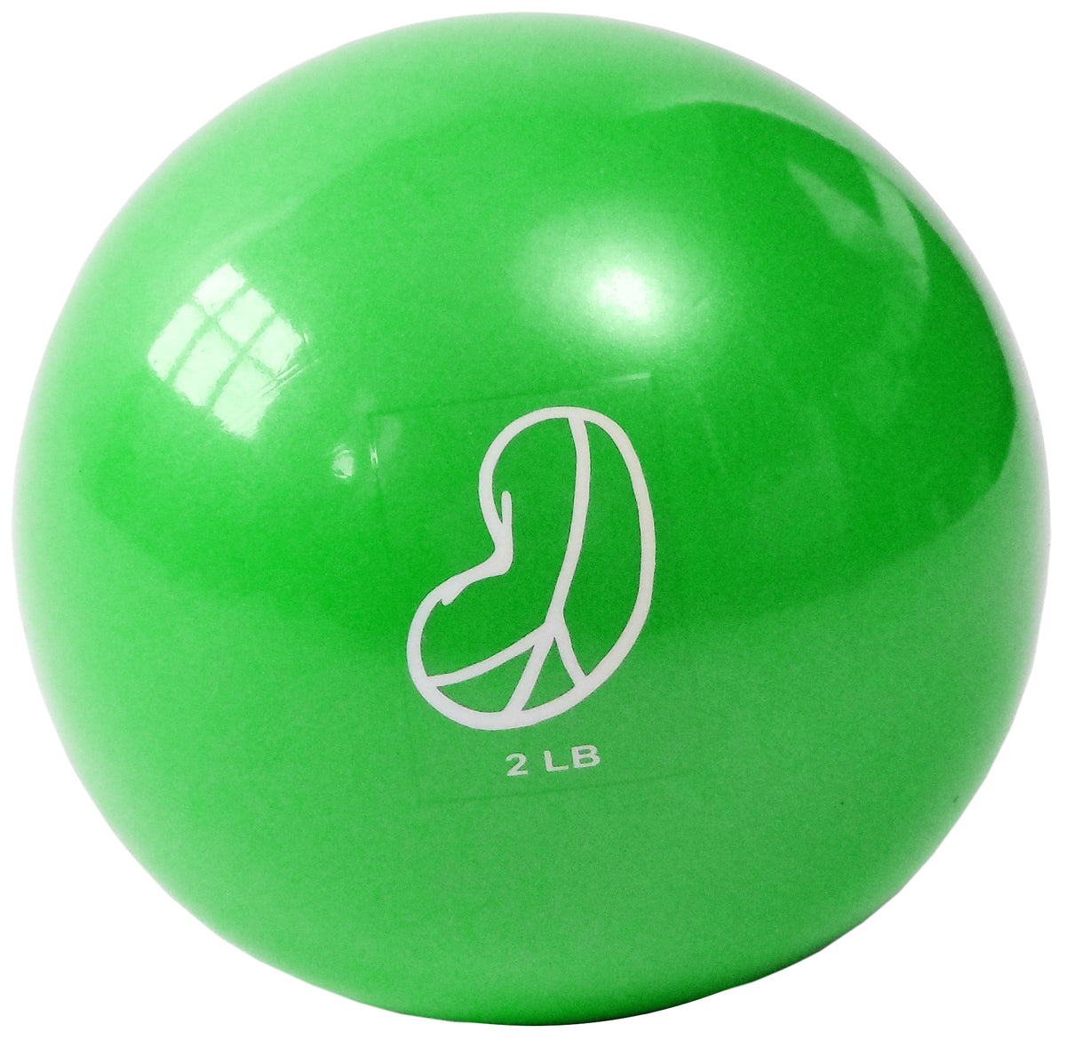 A 2 pound soft weighted ball in green latex and phthalate free vinyl with a peace sign bean products logo printed on it.