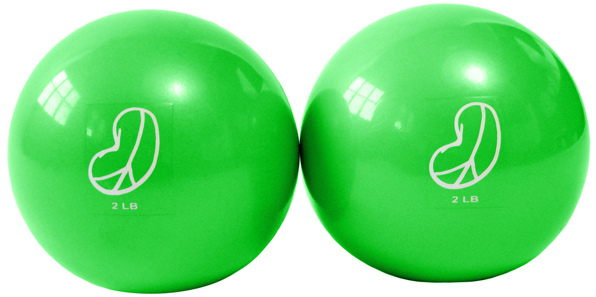 two 2 pound soft weighted balls with bean products bean peace logo