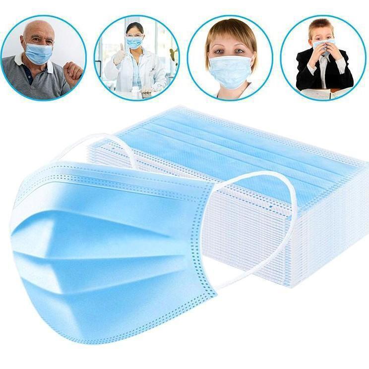 Close-up illustration of blue 3 layer disposable face mask showing pleats and soft elastic ear loops