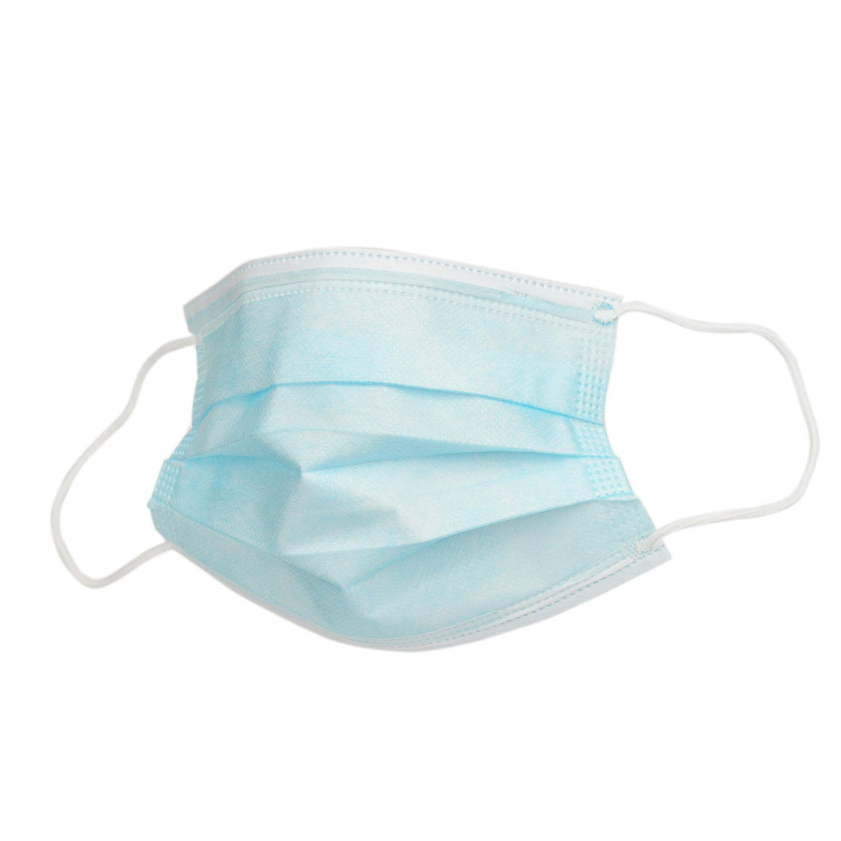 Side view of disposable 3 ply face mask with elastic ear loops