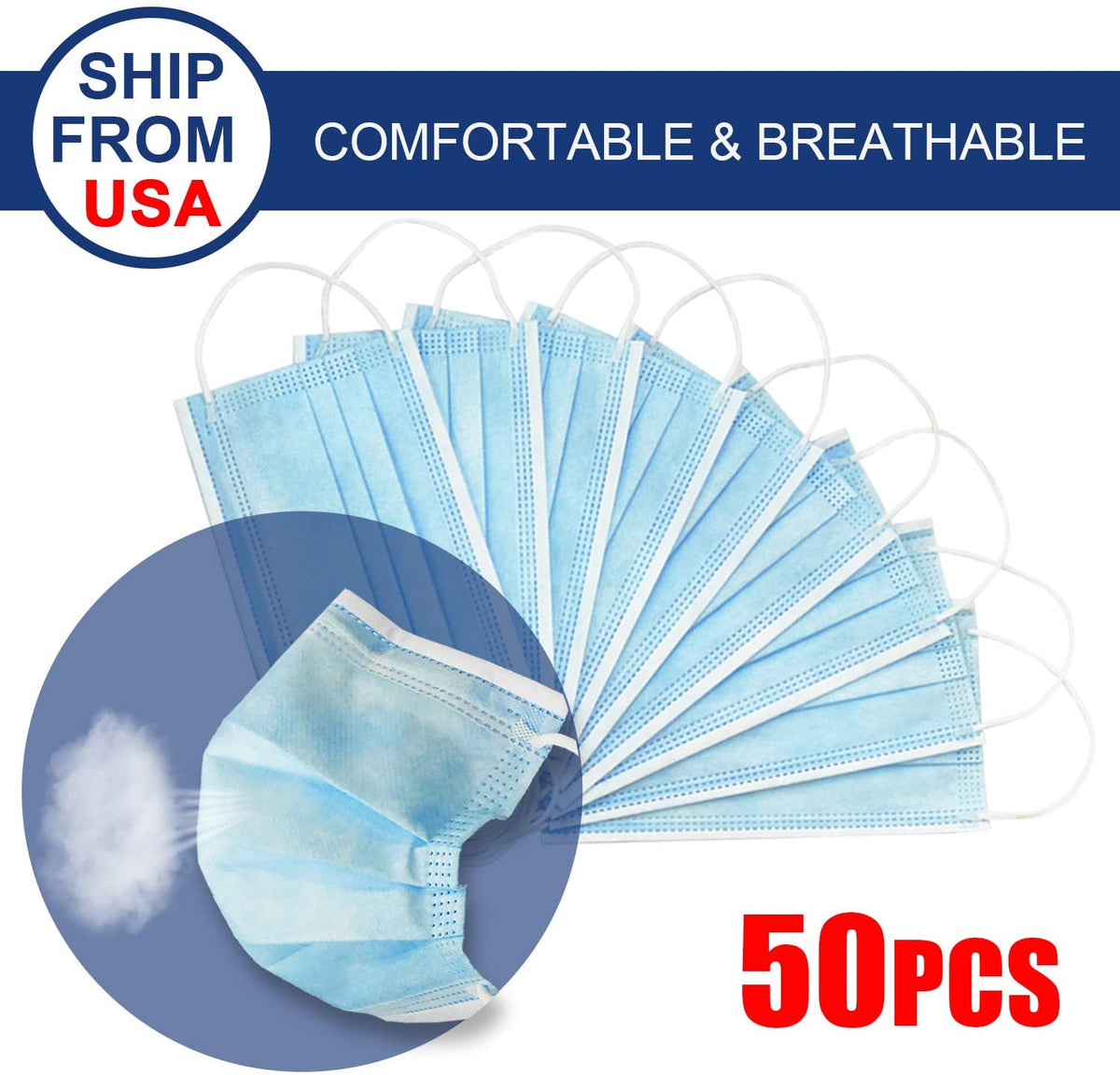 Box of 50 disposable pleated 3 ply face masks with fan display