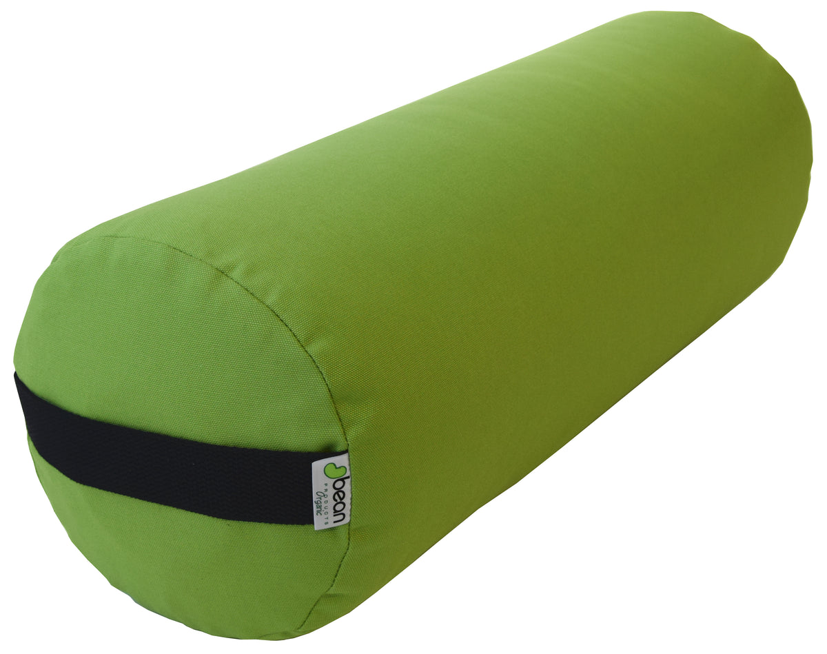 Green round yoga bolster with organic cotton fabric, cylindrical support cushion for restorative yoga and stretching