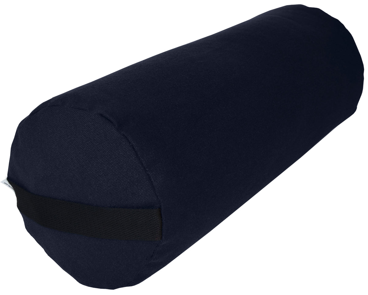 Navy blue round yoga bolster in organic cotton, cylindrical cushion for restorative yoga, deep stretching and relaxation